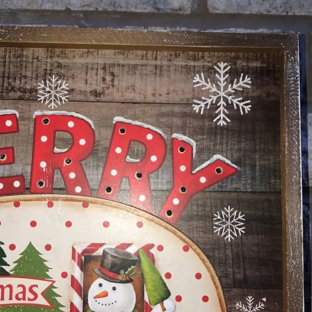Shabby Chic Merry Christmas Camper Snowman Wooden Light up Picture
